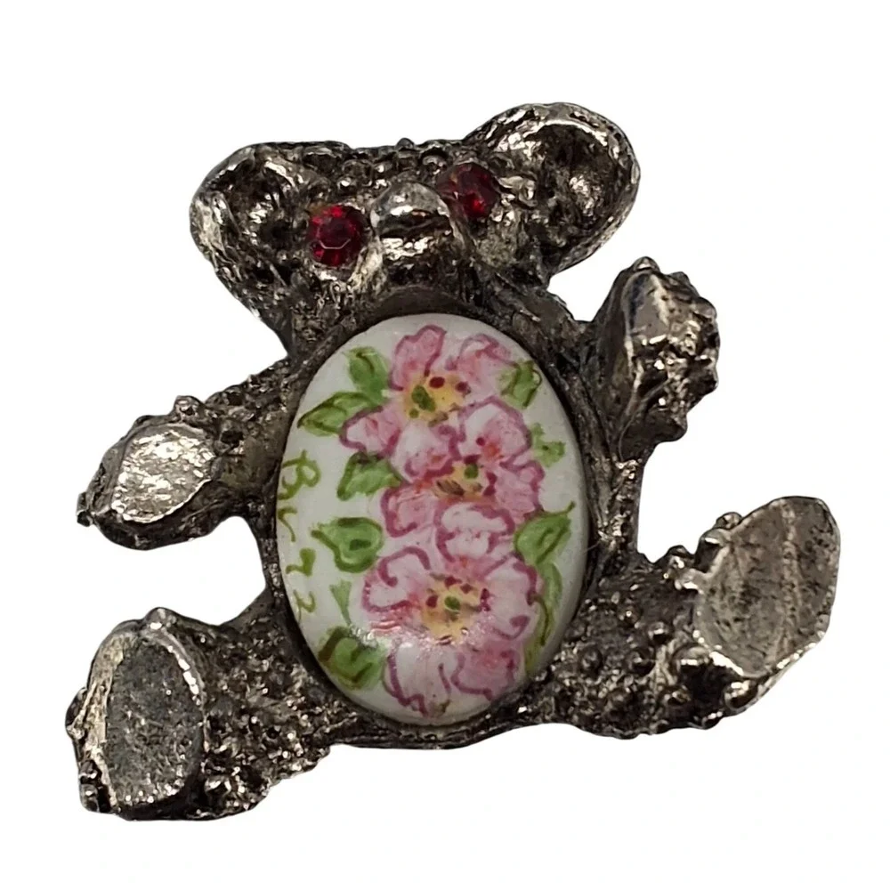 Vintage Silver Tone Teddy Bear Brooch - Porcelain Pink Rose Flower Pin‎